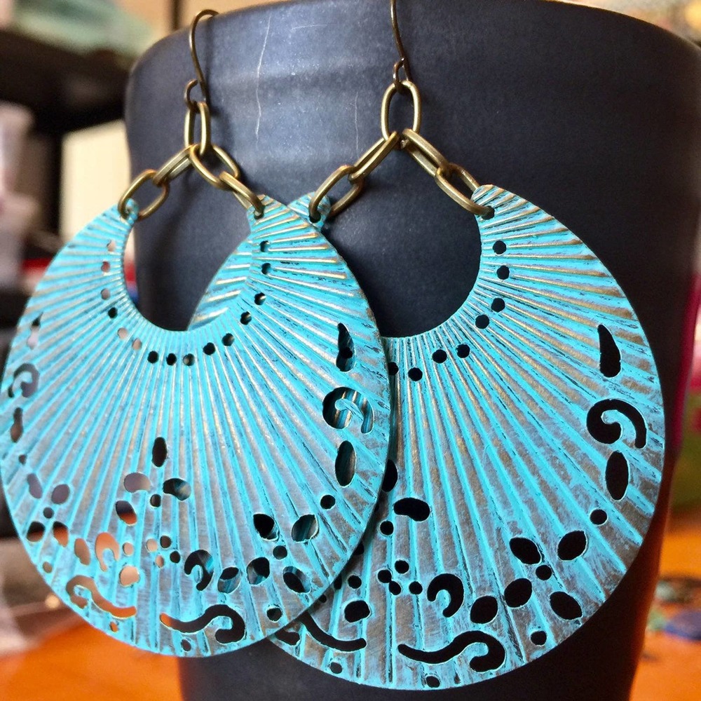 Handmade teal verdigris crescent moon earrings